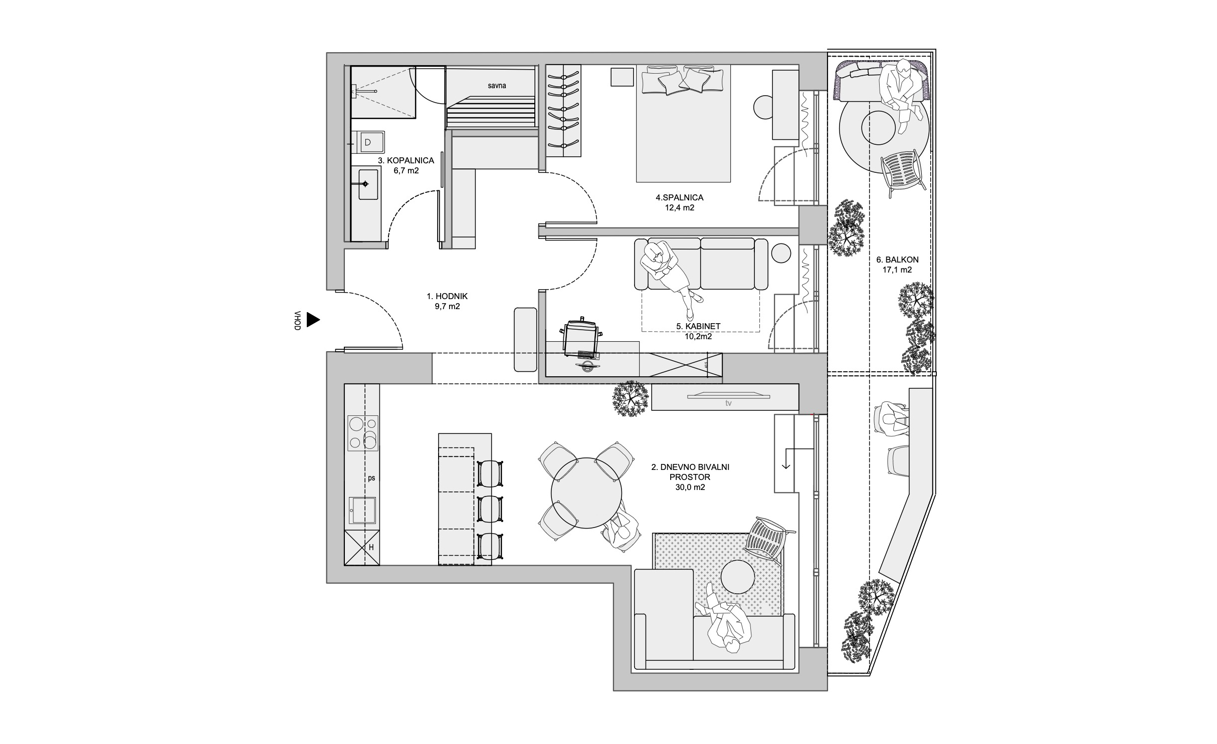 Prostornina | Seaside apartment, Vacation home interior design | Floor plan